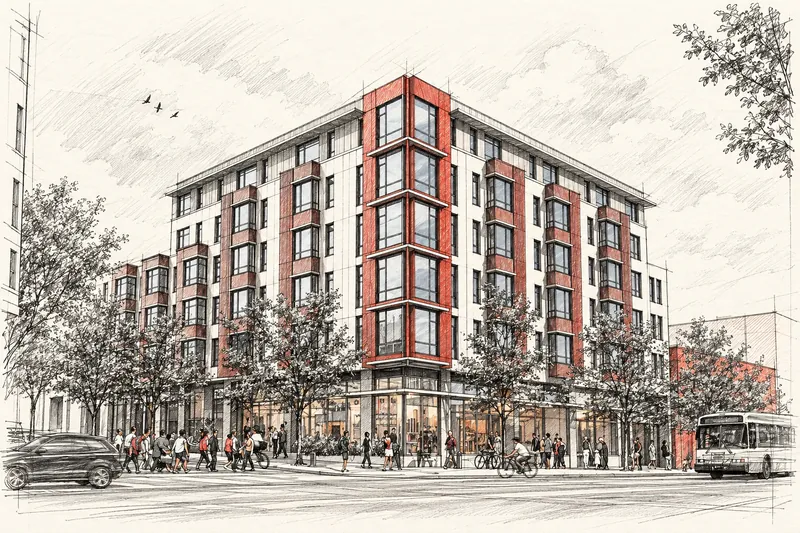 Illustrated architectural study of 650 Divisadero Street in its neighborhood setting