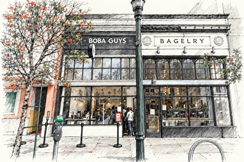 Architectural ink drawing of the Boba Guys and Bagelry storefronts on Fillmore Street