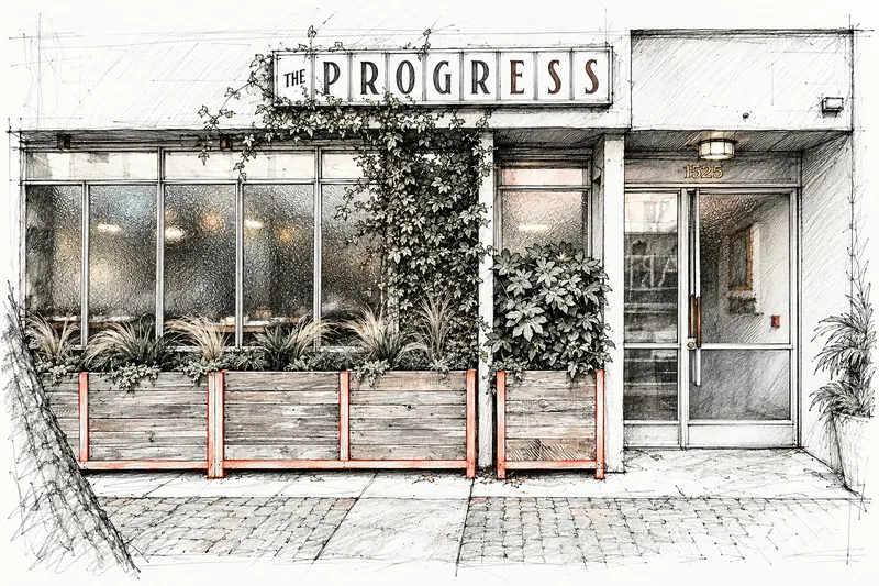 Pen and pencil architectural study of The Progress restaurant frontage on Fillmore Street