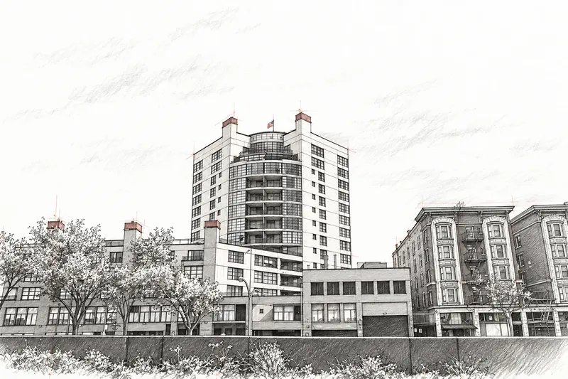 Pen and graphite study of Webster Tower & Terrace